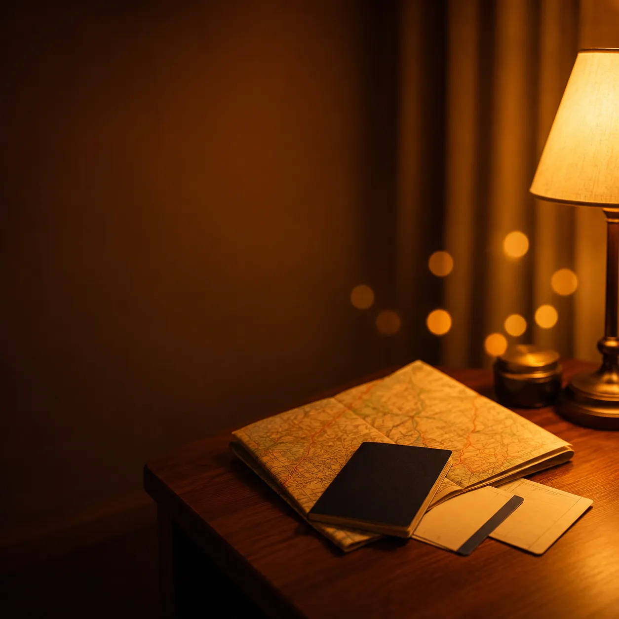 Warm-lit hotel-room desk at evening with a folded paper map, a passport-sized card, and a warm tungsten lamp — implying travel and route flexibility.